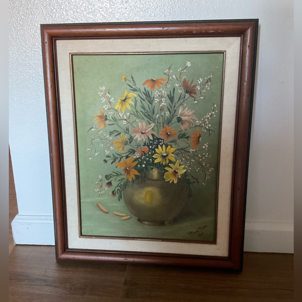 Vintage Original Signed Floral Art Oil on Canvas with Brown Frame 22L” x 18.5” W